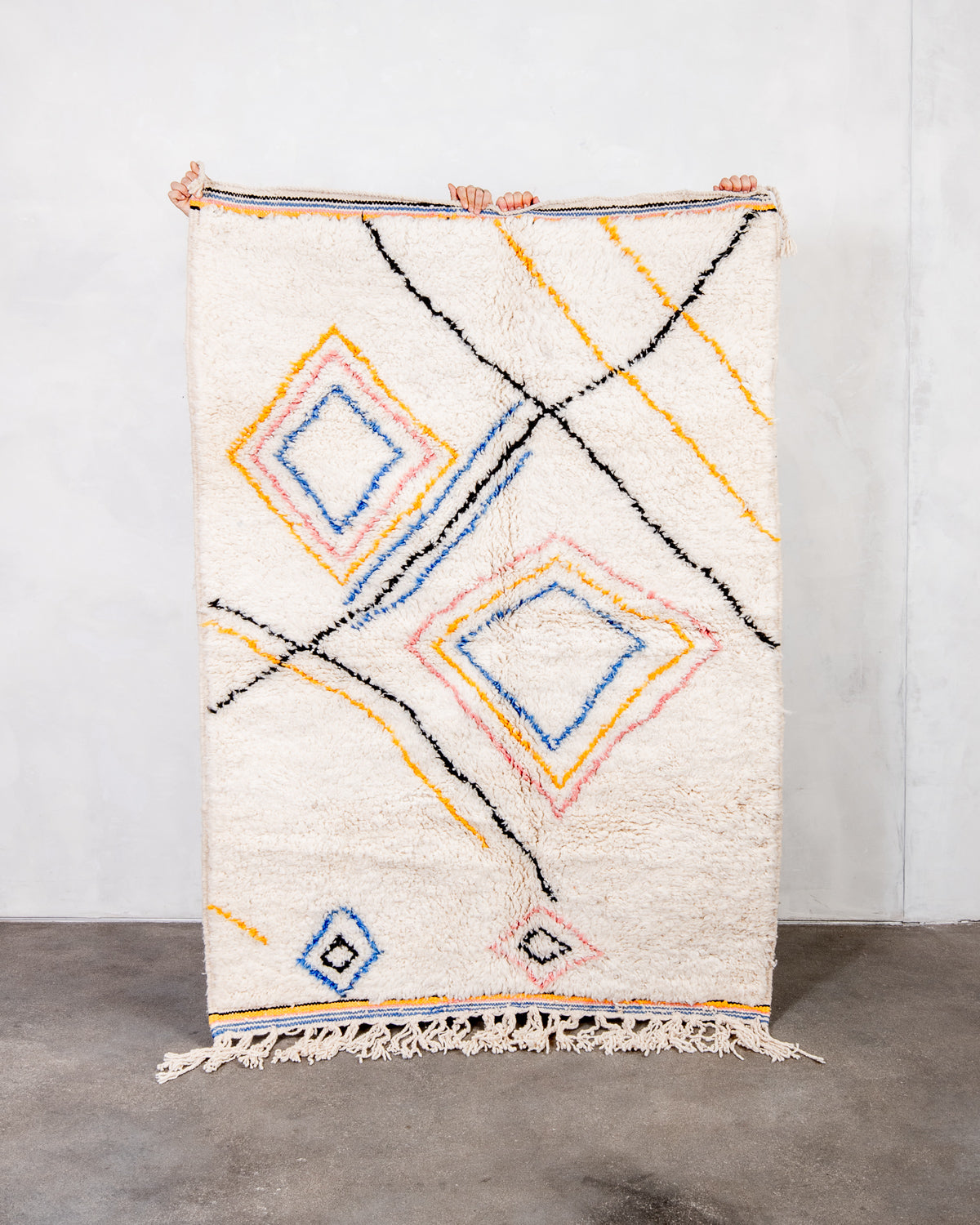 Modern designer handcrafted Berber rug from morocco Beniourain with beautiful colors and patterns