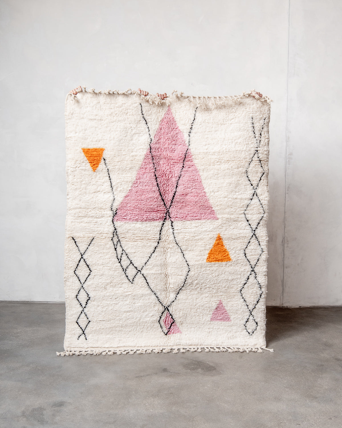 Modern, designer, handcrafted Berber rug from Morocco. Beniourain carpet with beautiful colours and patterns and fluffy wool texture.