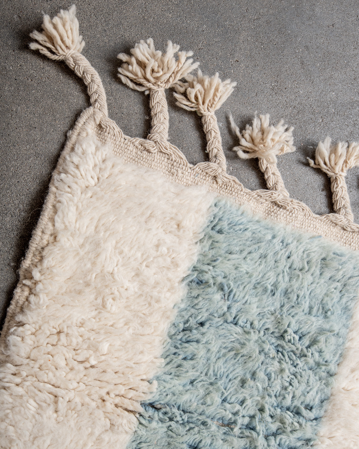 Modern, designer, handcrafted Berber rug from Morocco. Beniourain carpet with beautiful colours and patterns and fluffy wool texture.