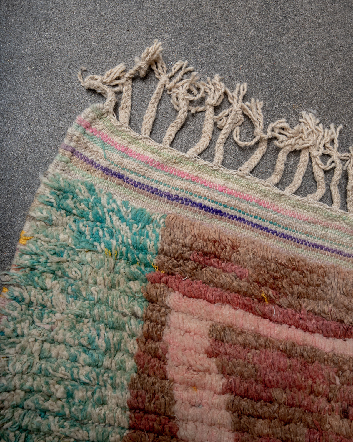 Modern, designer, handcrafted Berber rug from Morocco. Vintage carpet with beautiful colours and patterns and fluffy texture.