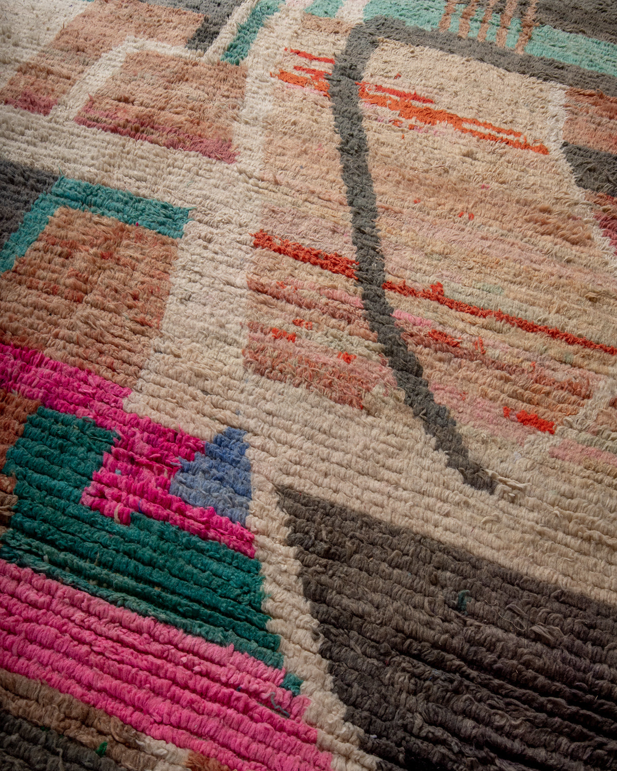 Modern, designer, handcrafted Berber rug from Morocco. Vintage carpet with beautiful colours and patterns and fluffy texture.