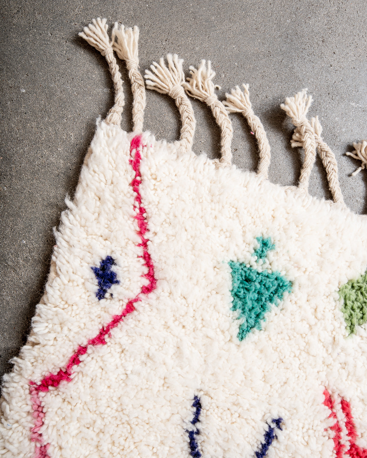 Modern, designer, handcrafted Berber rug from Morocco. Beniourain carpet with beautiful colours and patterns and fluffy wool texture.