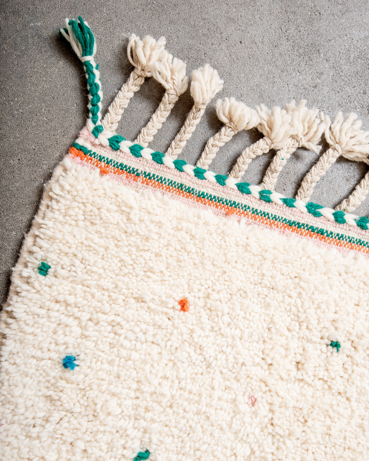 Modern, designer, handcrafted Berber rug from Morocco. Beniourain carpet with beautiful colours and patterns and fluffy wool texture.