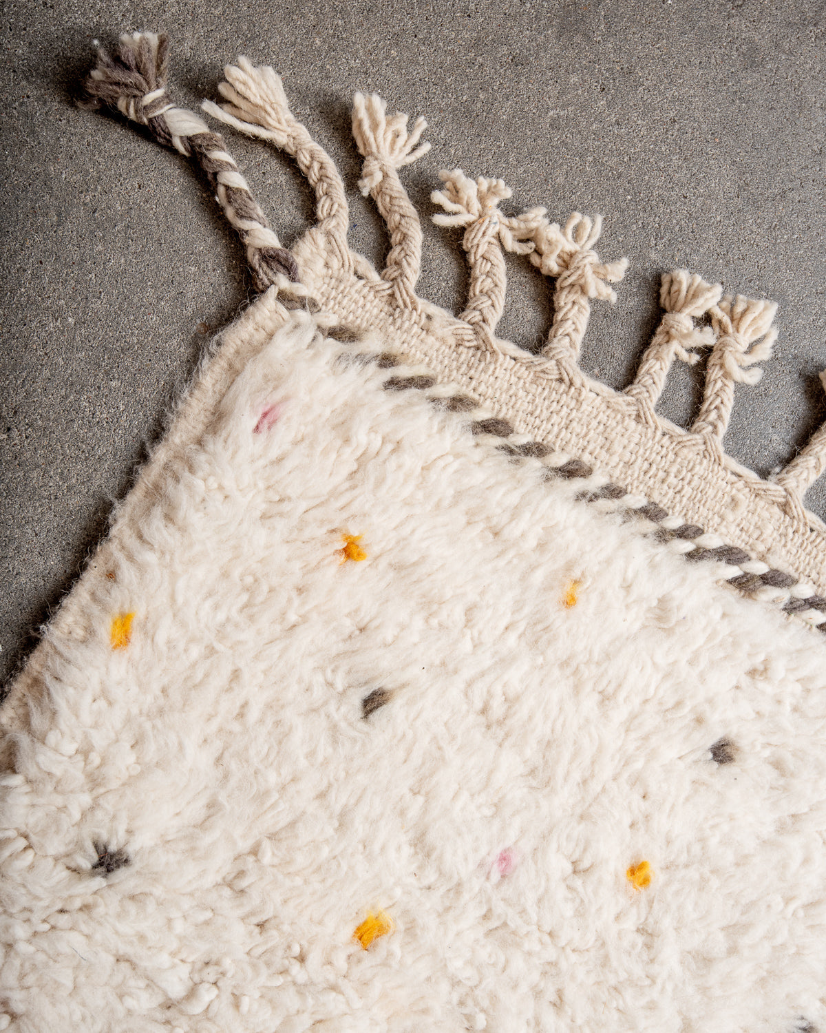 Modern, designer, handcrafted Berber rug from Morocco. Beniourain carpet with beautiful colours and patterns and fluffy wool texture.