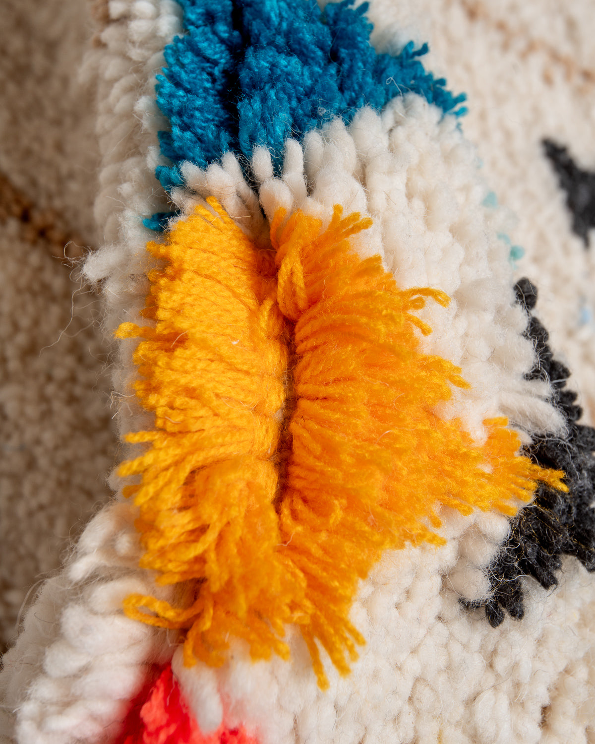 Modern, designer, handcrafted Berber runner rug from Morocco. Beniourain carpet with beautiful colours and patterns and fluffy wool texture.