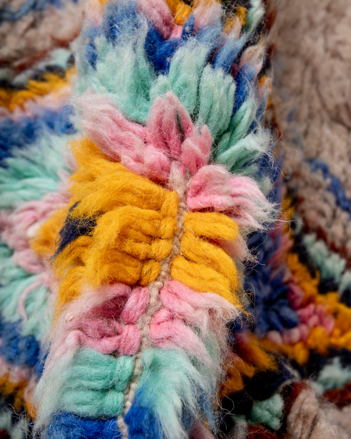 Modern, designer, handcrafted Berber runner rug from Morocco. Beniourain carpet with beautiful colours and patterns and fluffy wool texture.