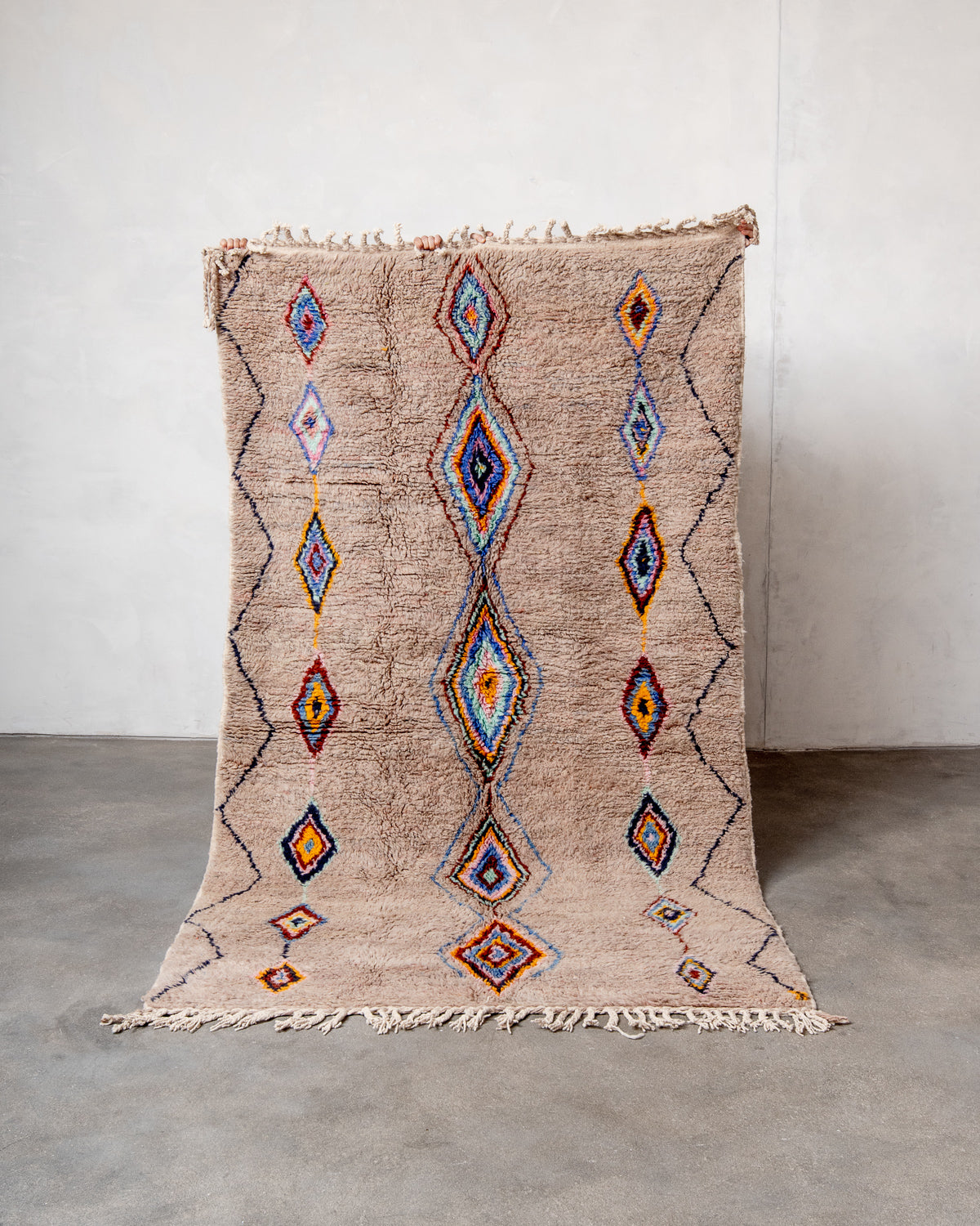 Modern, designer, handcrafted Berber runner rug from Morocco. Beniourain carpet with beautiful colours and patterns and fluffy wool texture.