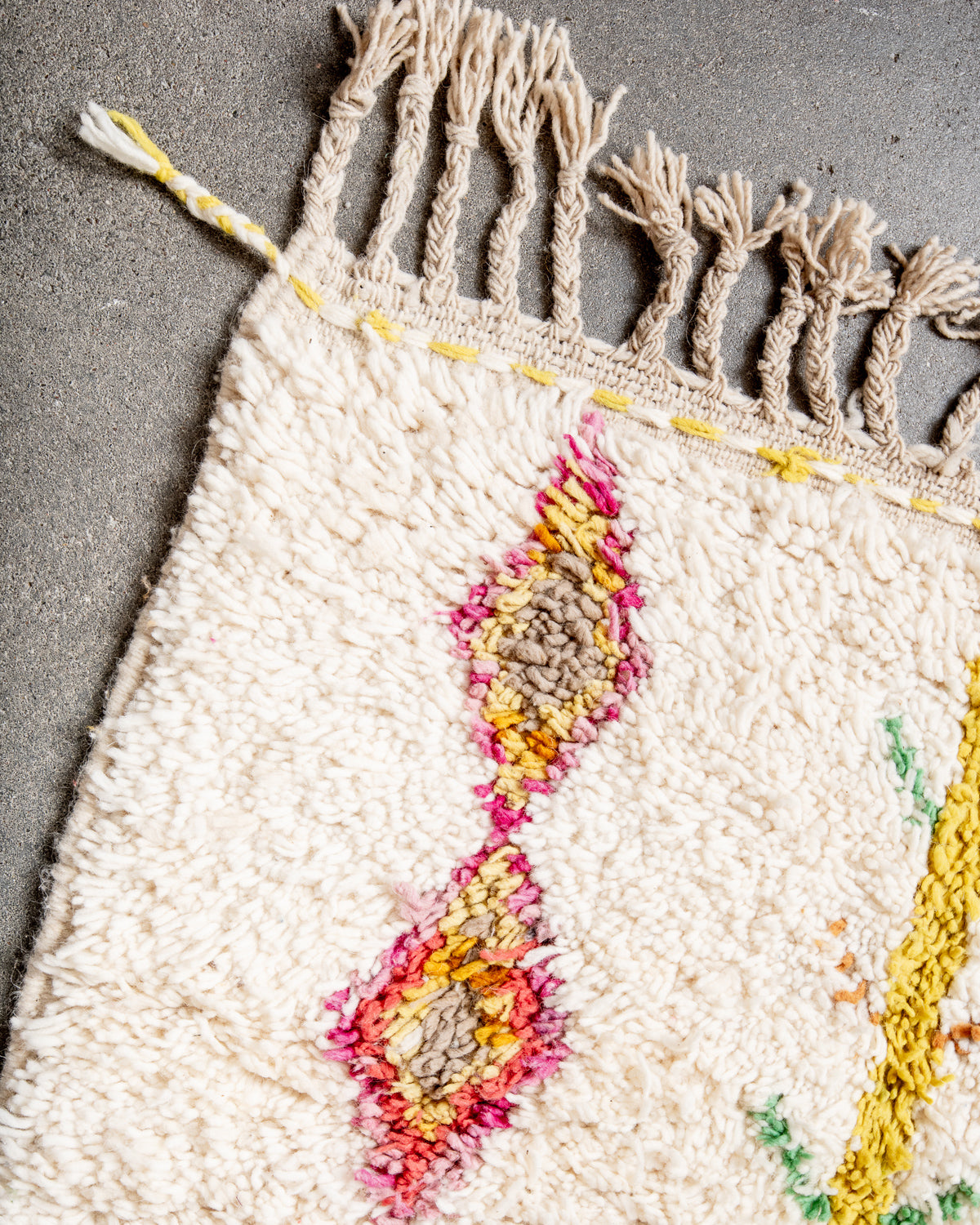 Modern, designer, handcrafted Berber runner rug from Morocco. Beniourain carpet with beautiful colours and patterns and fluffy wool texture.