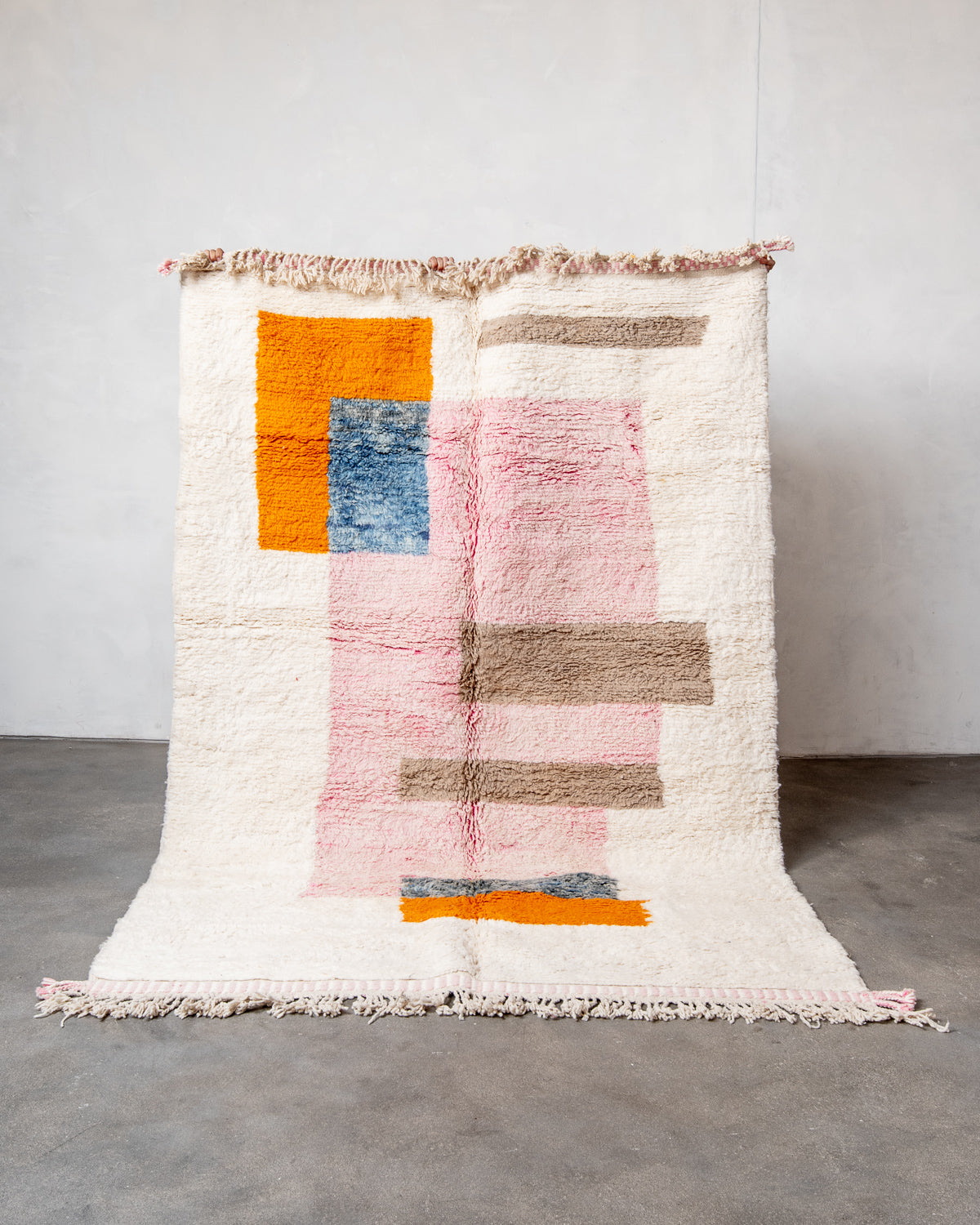 Modern, designer, handcrafted Berber runner rug from Morocco. Beniourain carpet with beautiful colours and patterns and fluffy wool texture.