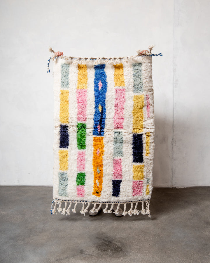 Modern, designer, handcrafted Berber rug from Morocco. Beniourain carpet with beautiful colours and patterns and fluffy wool texture. 