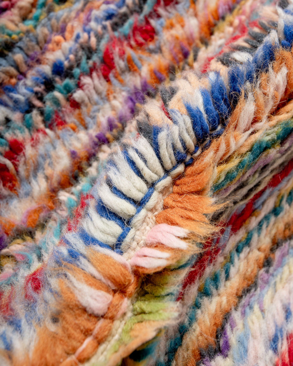 Modern, designer, handcrafted Berber rug from Morocco. Beniourain carpet with beautiful colours and patterns and fluffy wool texture. 