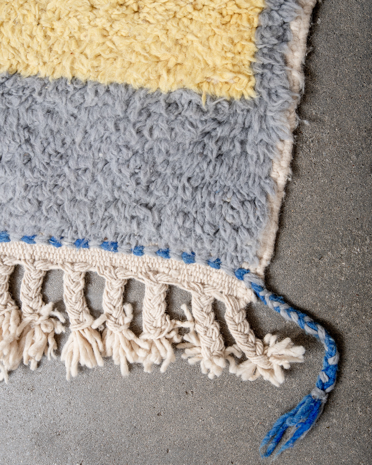 Modern, designer, handcrafted Berber rug from Morocco. Beniourain carpet with beautiful colours and patterns and fluffy wool texture.