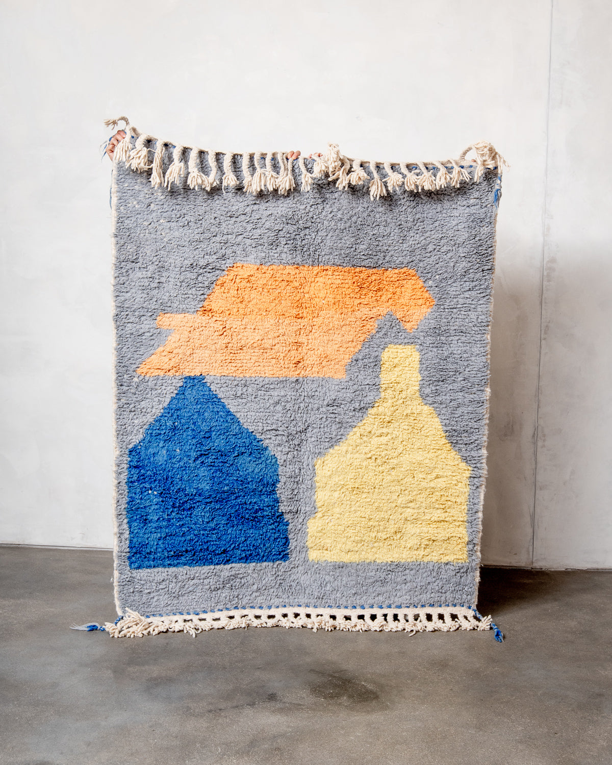 Modern, designer, handcrafted Berber rug from Morocco. Beniourain carpet with beautiful colours and patterns and fluffy wool texture.