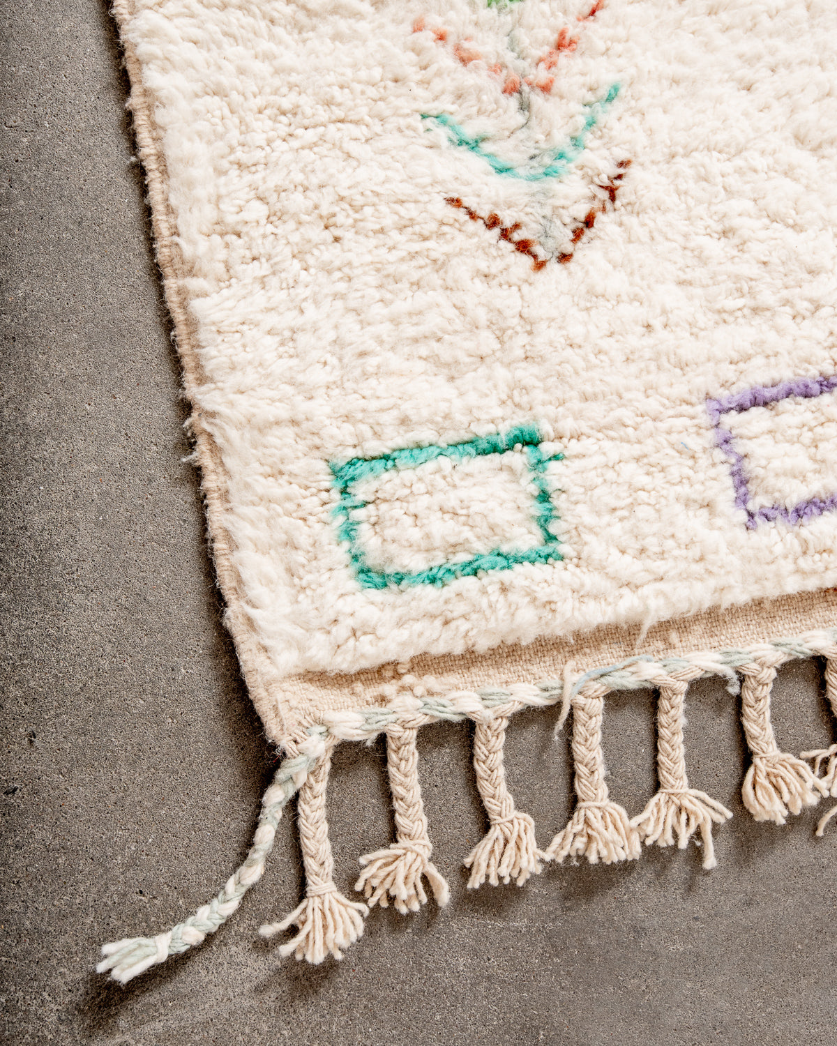 Modern, designer, handcrafted Berber rug from Morocco. Beniourain carpet with beautiful colours and patterns and fluffy wool texture.