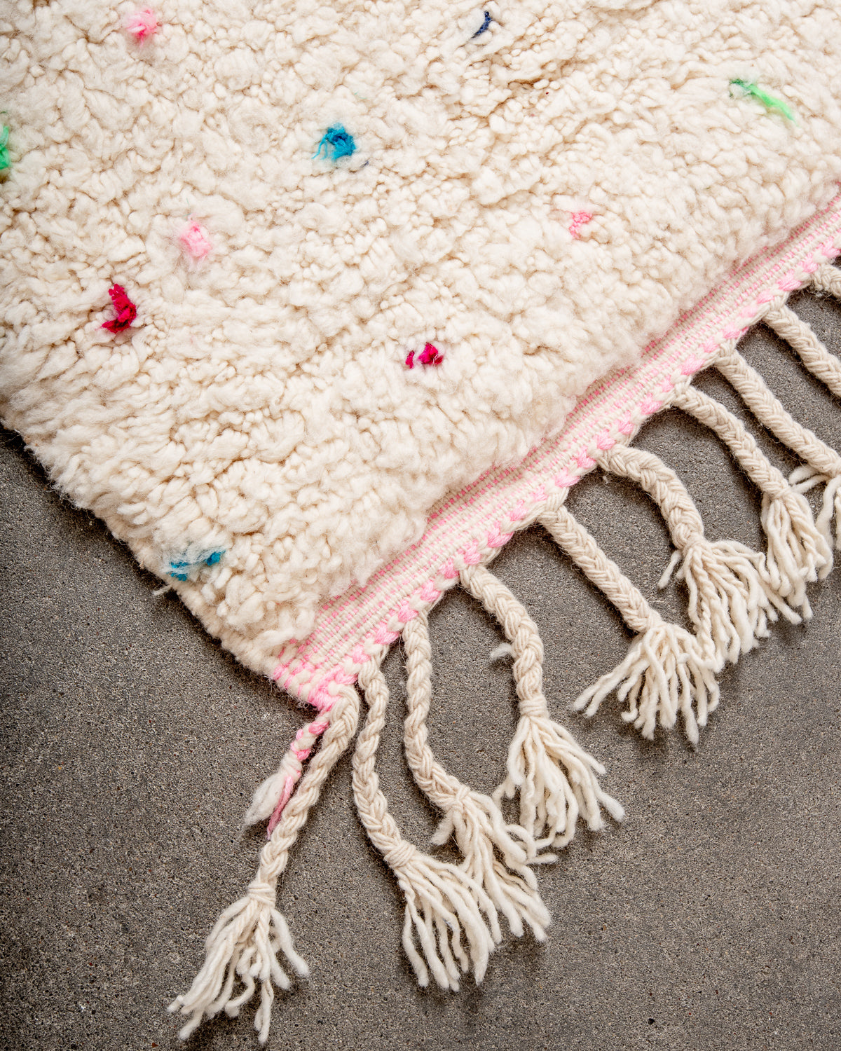 Modern, designer, handcrafted Berber rug from Morocco. Beniourain carpet with beautiful colours and patterns and fluffy wool texture.