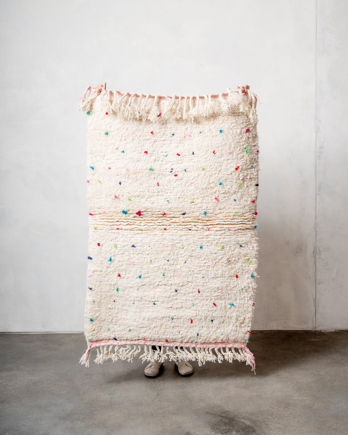 Modern, designer, handcrafted Berber rug from Morocco. Beniourain carpet with beautiful colours and patterns and fluffy wool texture.