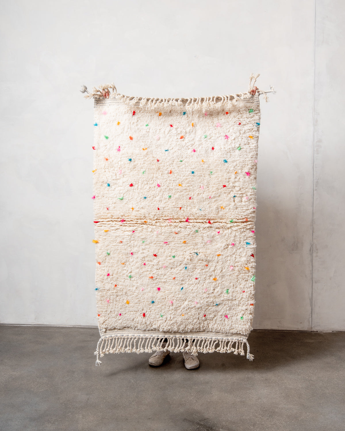 Modern, designer, handcrafted Berber rug from Morocco. Beniourain carpet with beautiful colours and patterns and fluffy wool texture.