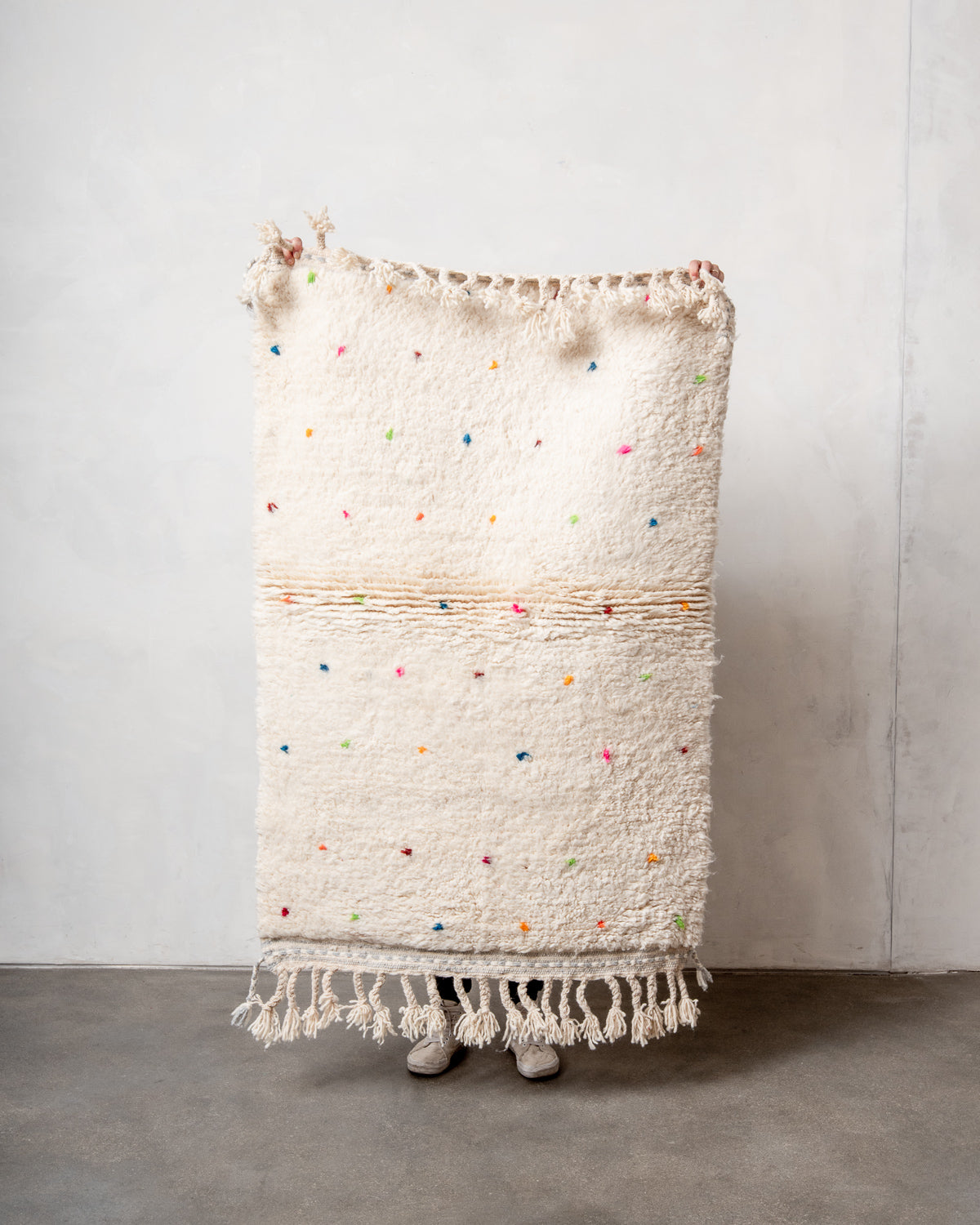 Modern, designer, handcrafted Berber rug from Morocco. Beniourain carpet with beautiful colours and patterns and fluffy wool texture.