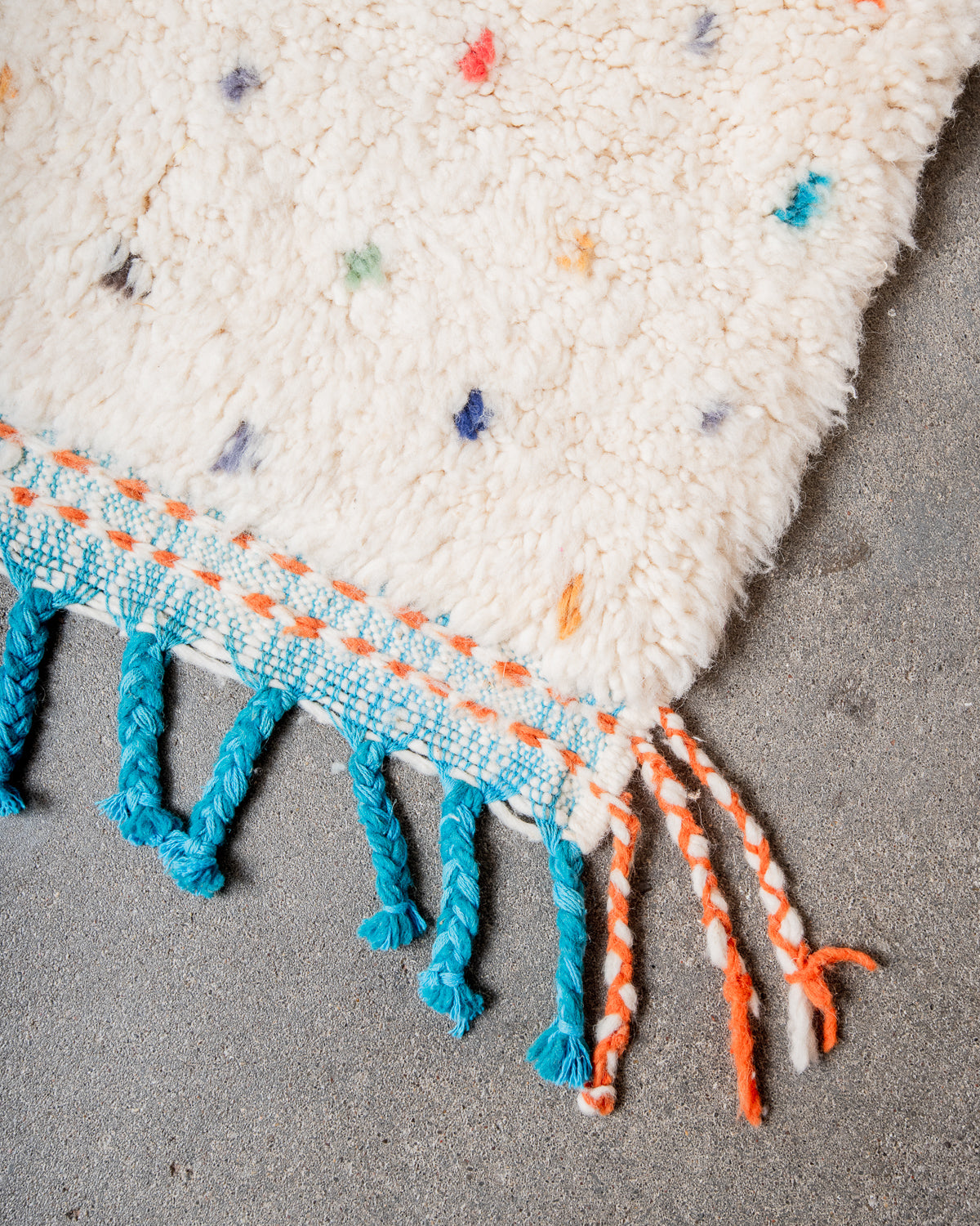 Modern, designer, handcrafted Berber rug from Morocco. Beniourain carpet with beautiful colours and patterns and fluffy wool texture.