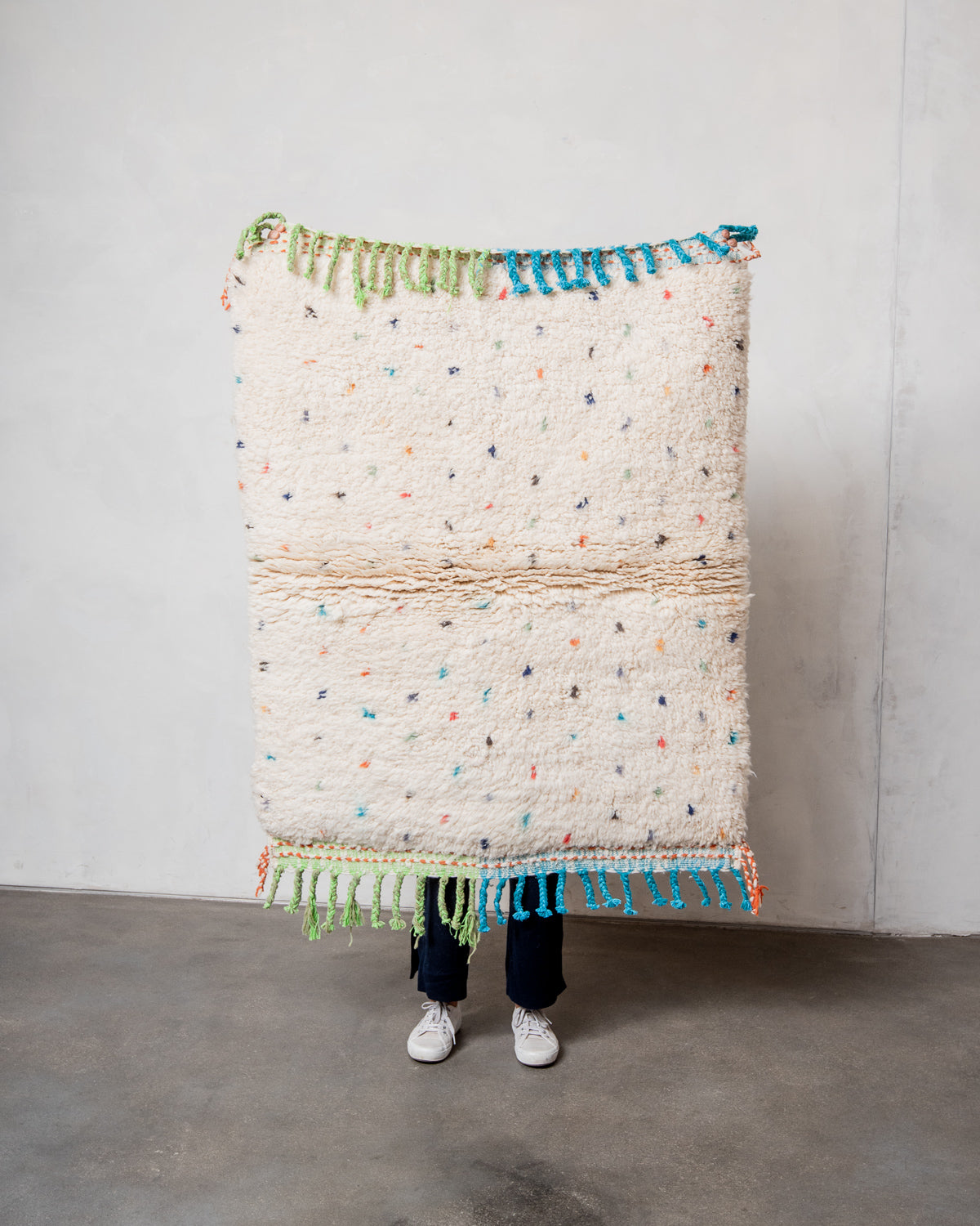 Modern, designer, handcrafted Berber rug from Morocco. Beniourain carpet with beautiful colours and patterns and fluffy wool texture.