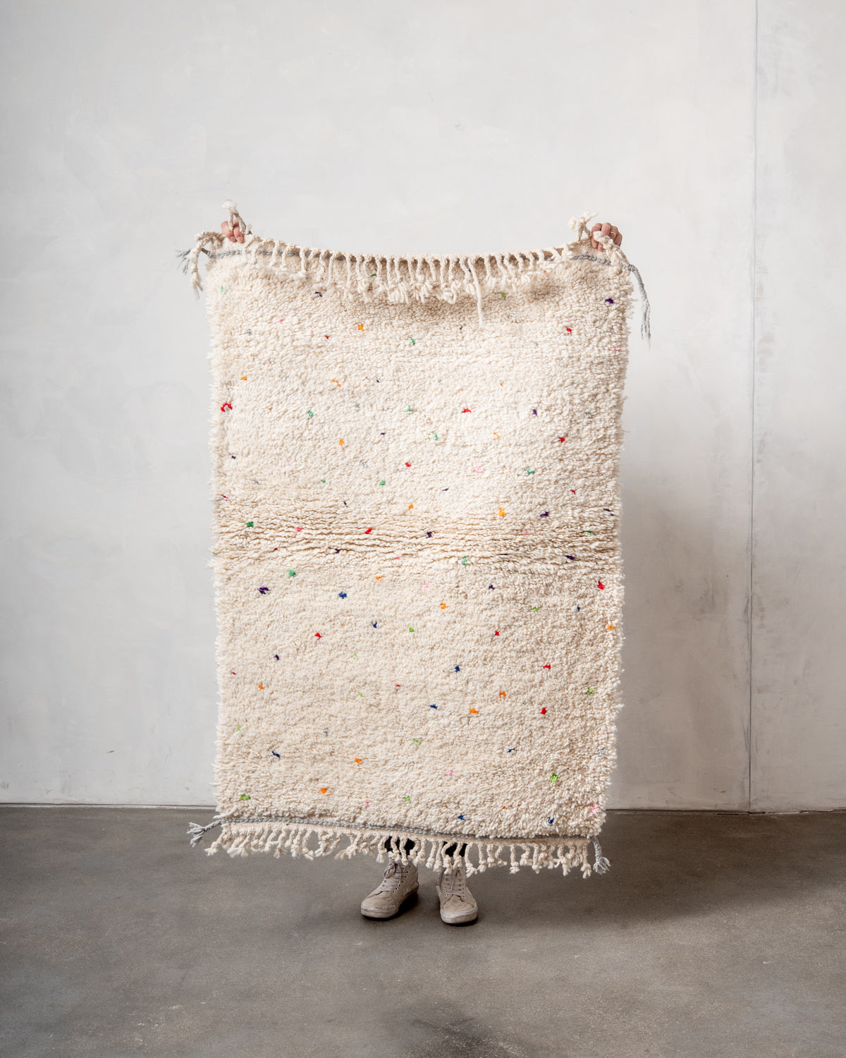 Modern, designer, handcrafted Berber rug from Morocco. Beniourain carpet with beautiful colours and patterns and fluffy wool texture.