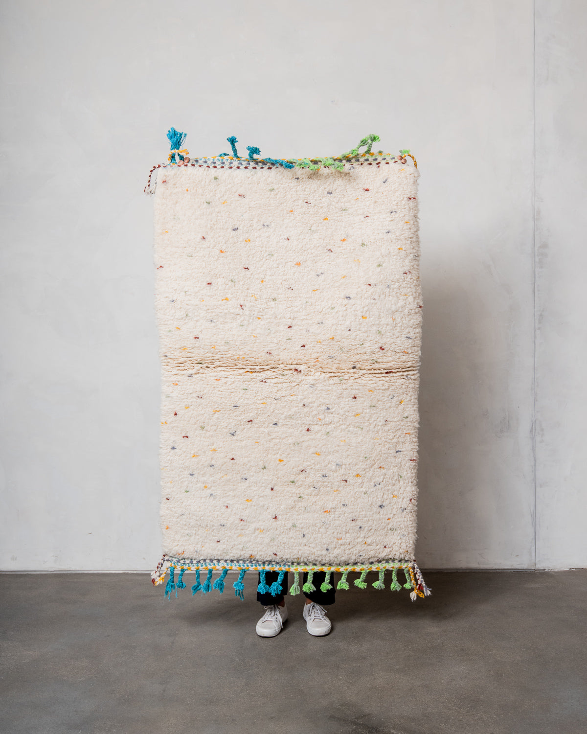 Modern, designer, handcrafted Berber rug from Morocco. Beniourain carpet with beautiful colours and patterns and fluffy wool texture. 