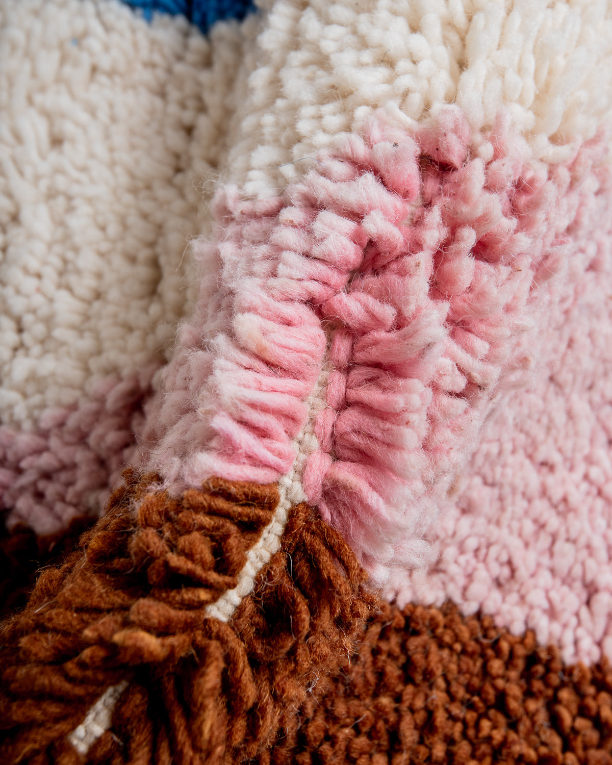 Modern, designer, handcrafted Berber rug from Morocco. Beniourain carpet with beautiful colours and patterns and fluffy wool texture.