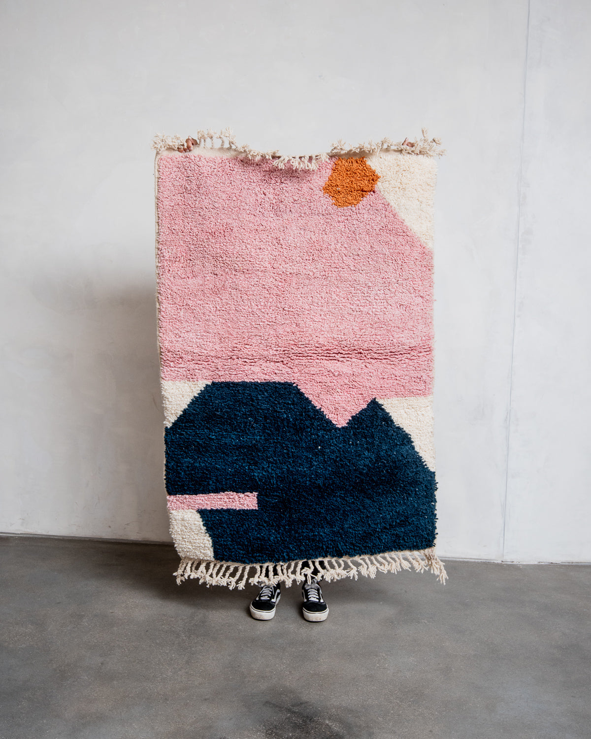 Modern, designer, handcrafted Berber rug from Morocco. Beniourain carpet with beautiful colours and patterns and fluffy wool texture.