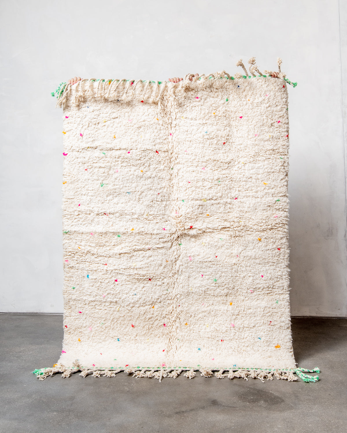 Modern, designer, handcrafted Berber rug from Morocco. Beniourain carpet with beautiful colours and patterns and fluffy wool texture. 