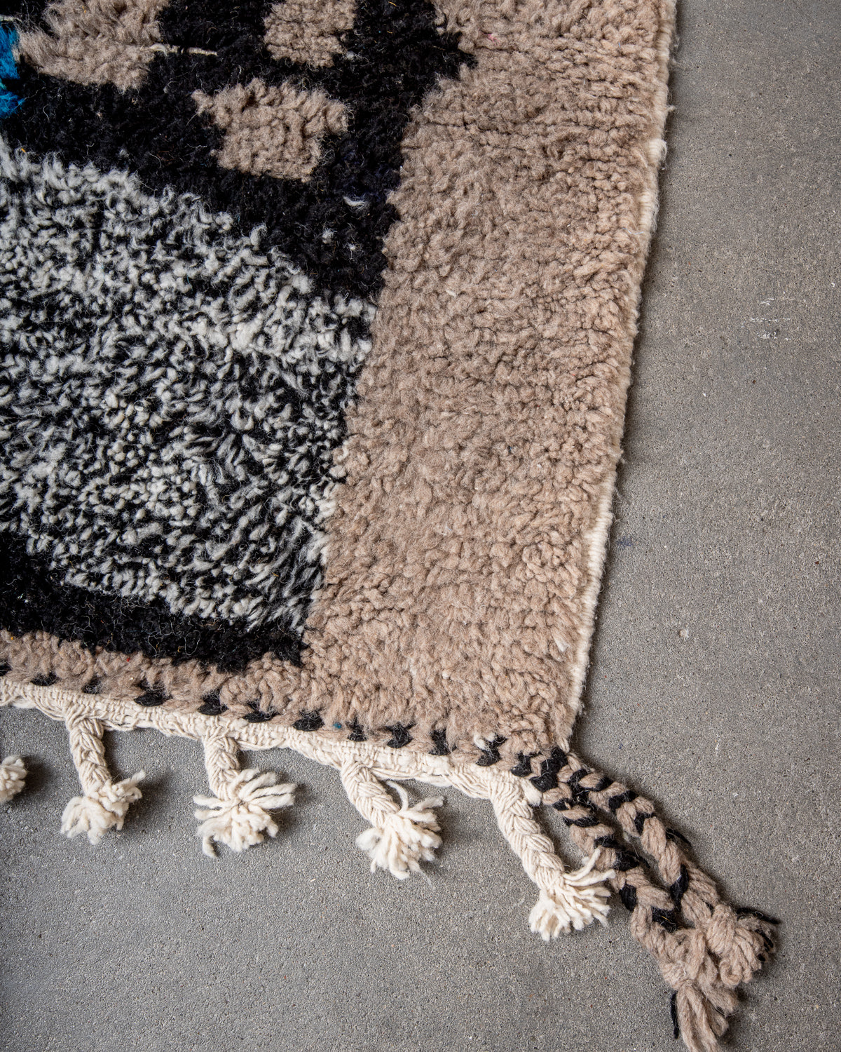 Modern, designer, handcrafted Berber rug from Morocco. Beniourain carpet with beautiful colours and patterns and fluffy wool texture. 