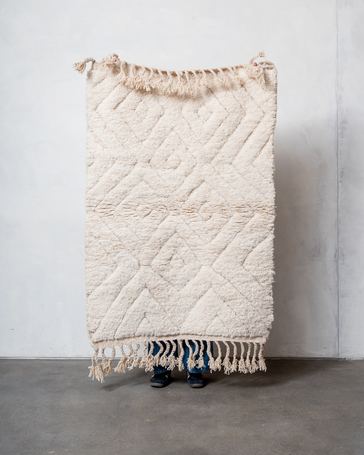 Modern, designer, handcrafted Berber rug from Morocco. Beniourain carpet with minimalist design, natural wool pile and a fluffy texture.