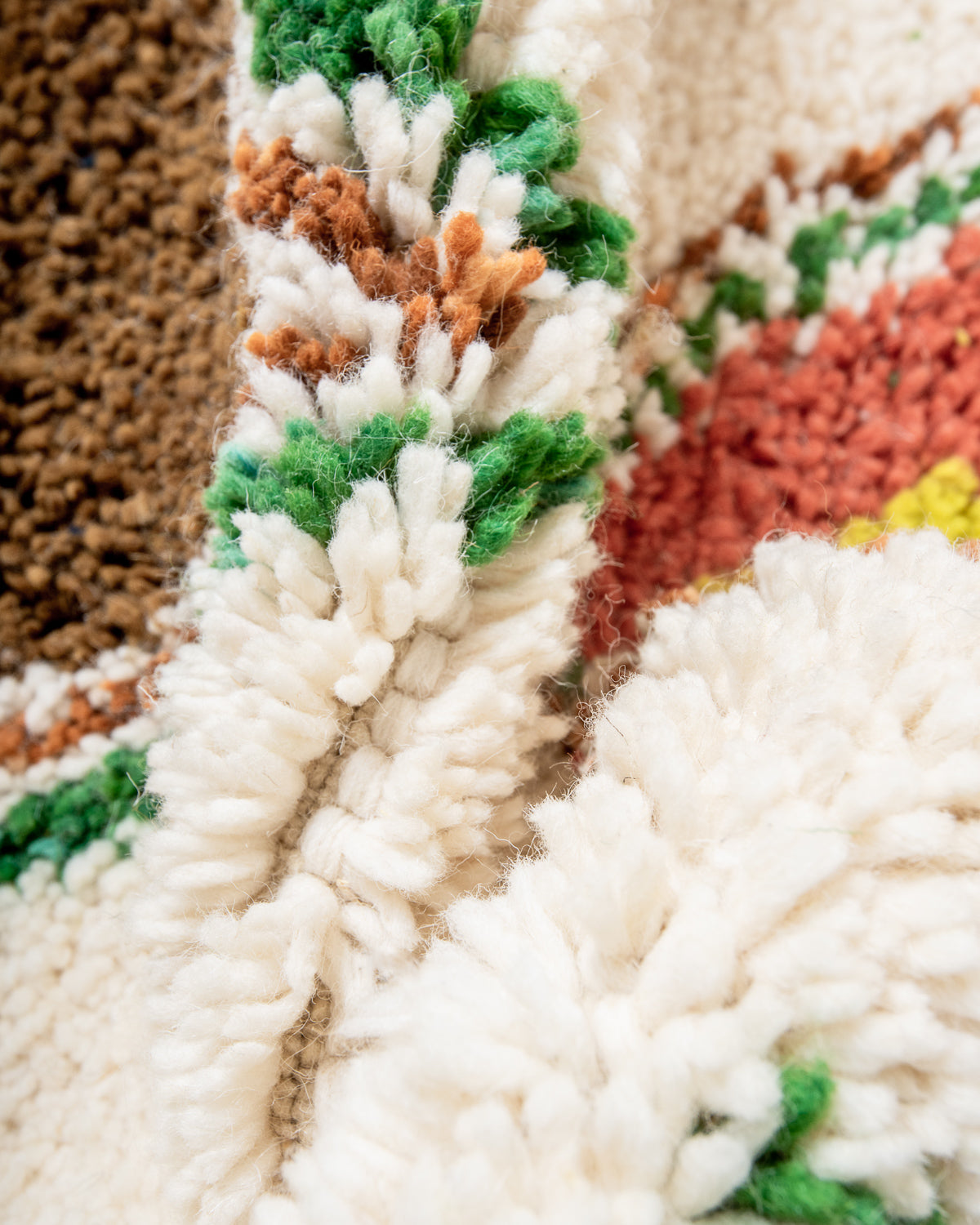 Modern, designer, handcrafted Berber rug from Morocco. Beniourain carpet with beautiful colours and patterns and fluffy wool texture. 