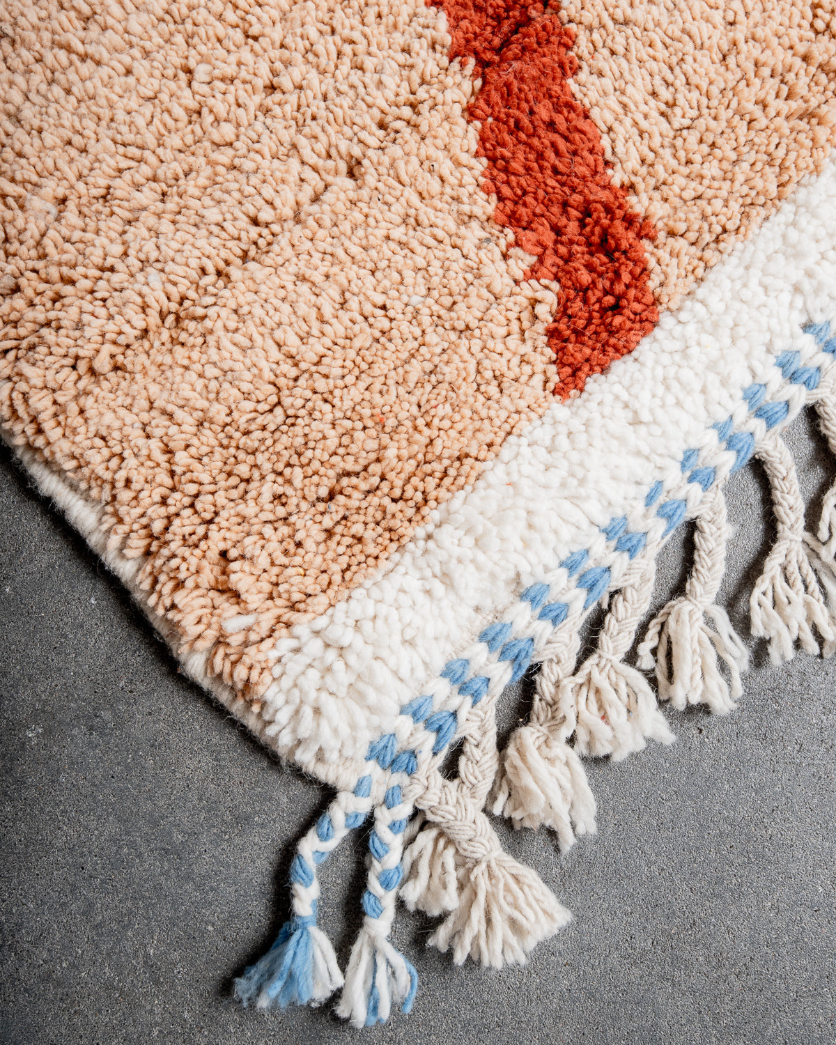 Modern, designer, handcrafted Berber rug from Morocco. Beniourain carpet with beautiful colours and patterns and fluffy wool texture.