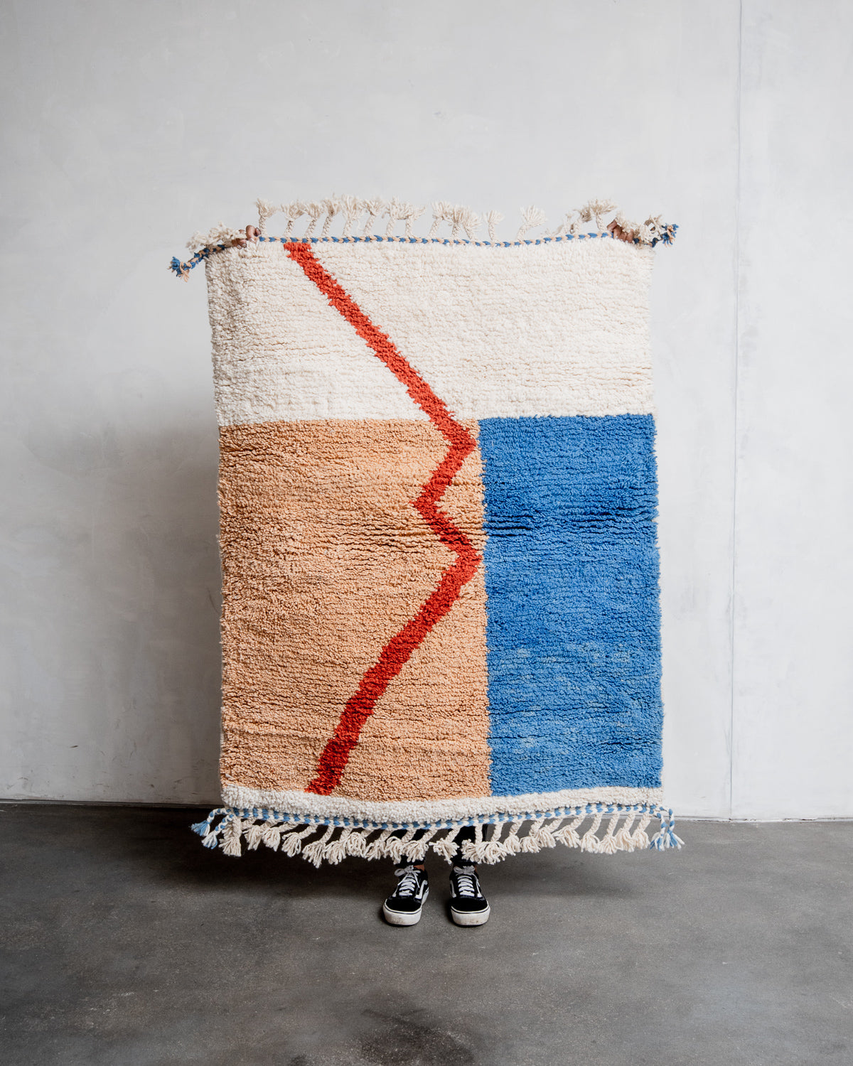 Modern, designer, handcrafted Berber rug from Morocco. Beniourain carpet with beautiful colours and patterns and fluffy wool texture.