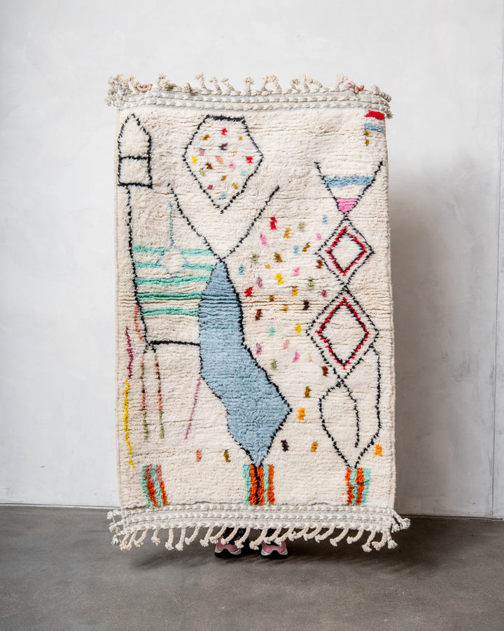 Modern, designer, handcrafted Berber rug from Morocco. Beniourain carpet with beautiful colours and patterns and fluffy wool texture. 