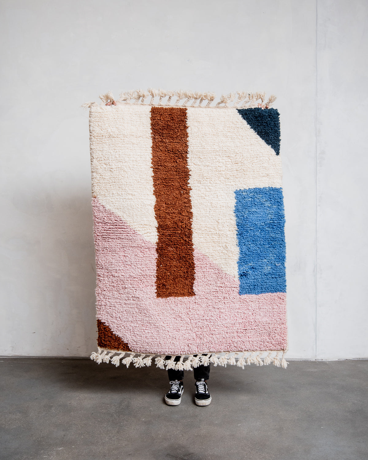Modern, designer, handcrafted Berber rug from Morocco. Beniourain carpet with beautiful colours and patterns and fluffy wool texture.