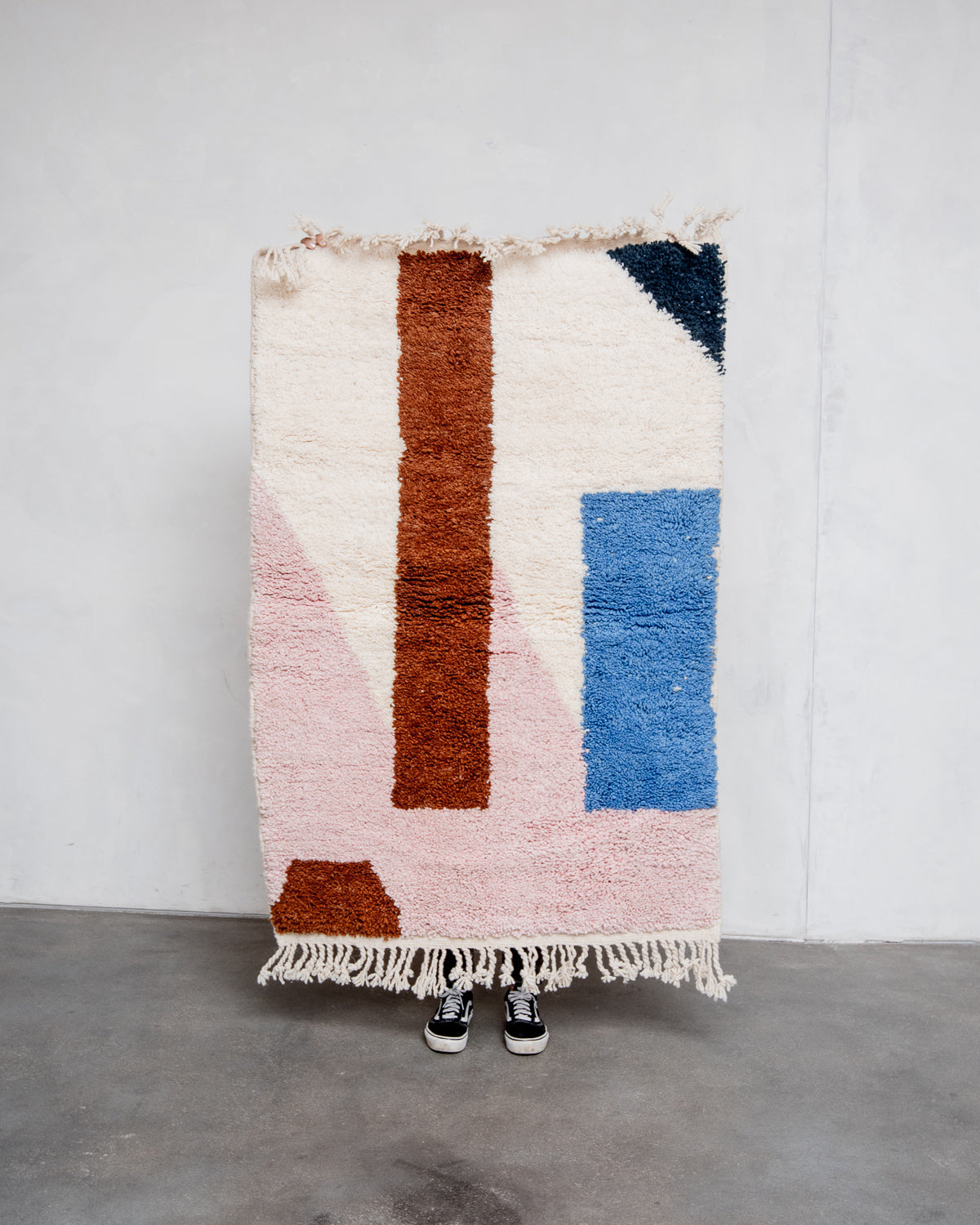 Modern, designer, handcrafted Berber rug from Morocco. Beniourain carpet with beautiful colours and patterns and fluffy wool texture.  Edit alt text