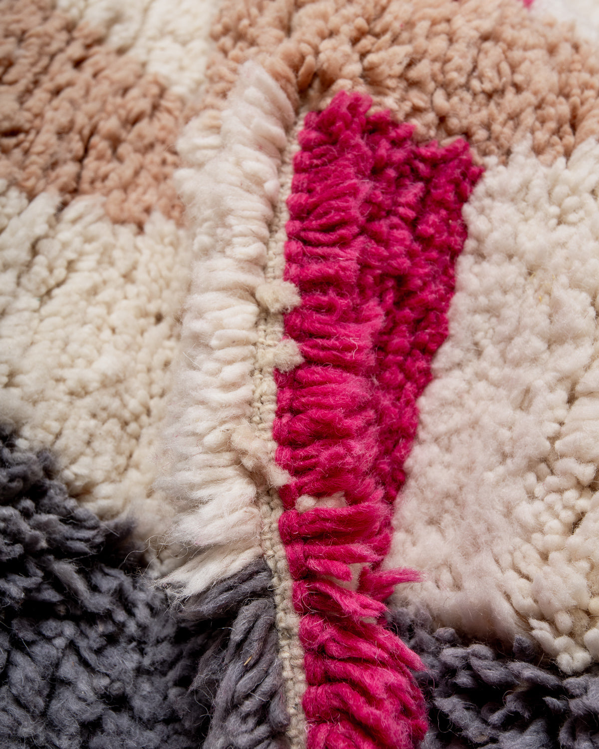 Modern, designer, handcrafted Berber rug from Morocco. Beniourain carpet with beautiful colours and patterns and fluffy wool texture. 