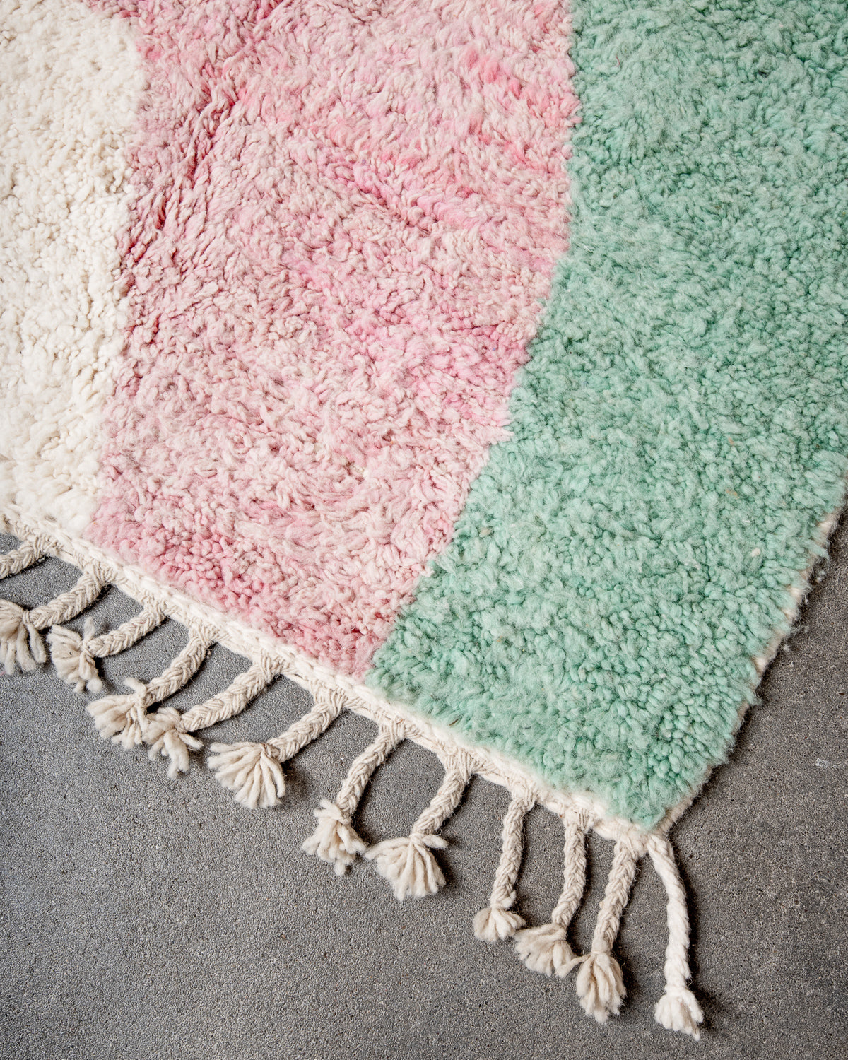 Modern, designer, handcrafted Berber rug from Morocco. Beniourain carpet with beautiful colours and patterns and fluffy wool texture.