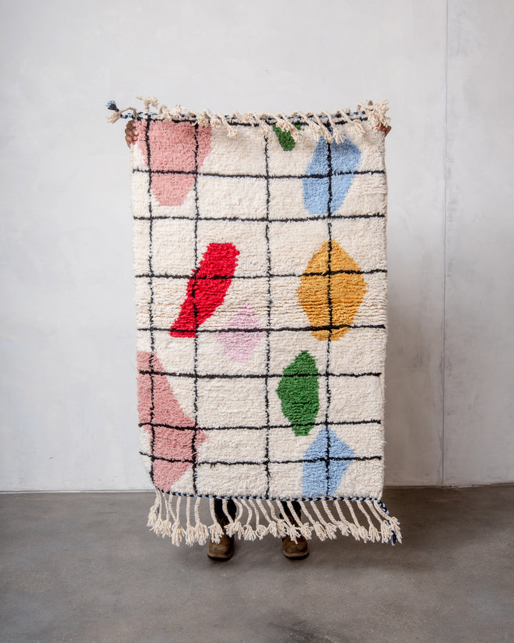 Modern, designer, handcrafted Berber rug from Morocco. Beniourain carpet with beautiful colours and patterns and fluffy wool texture. 