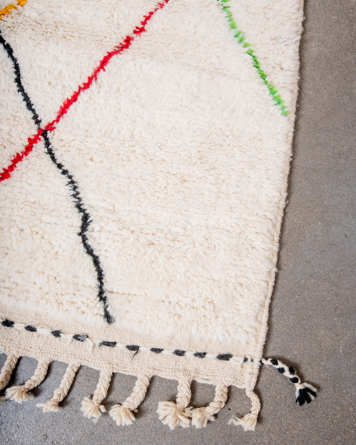 Modern, designer, handcrafted Berber rug from Morocco. Beniourain carpet with beautiful colours and patterns and fluffy wool texture. 