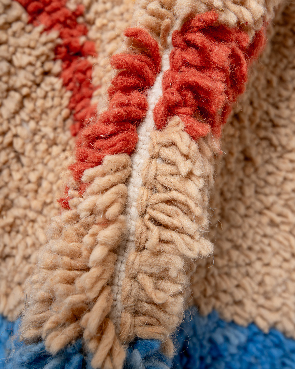 Modern, designer, handcrafted Berber rug from Morocco. Beniourain carpet with beautiful colours and patterns and fluffy wool texture.