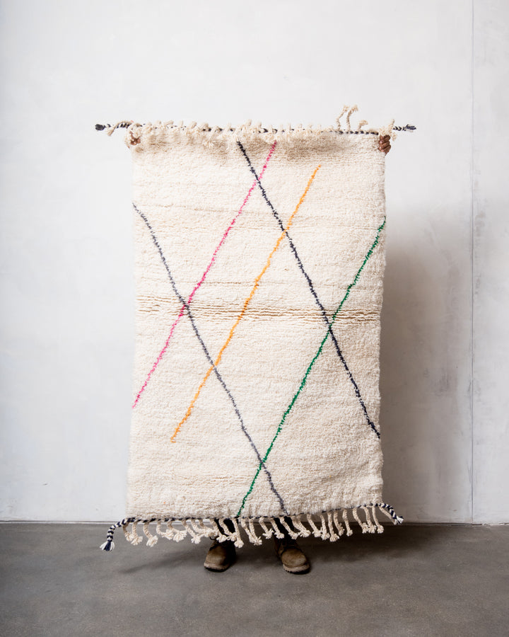 Modern, designer, handcrafted Berber rug from Morocco. Beniourain carpet with beautiful colours and patterns and fluffy wool texture. 