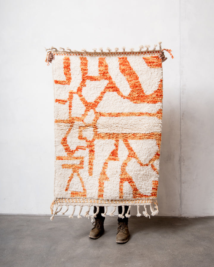 Modern, designer, handcrafted Berber rug from Morocco. Beniourain carpet with beautiful colours and patterns and fluffy wool texture. 