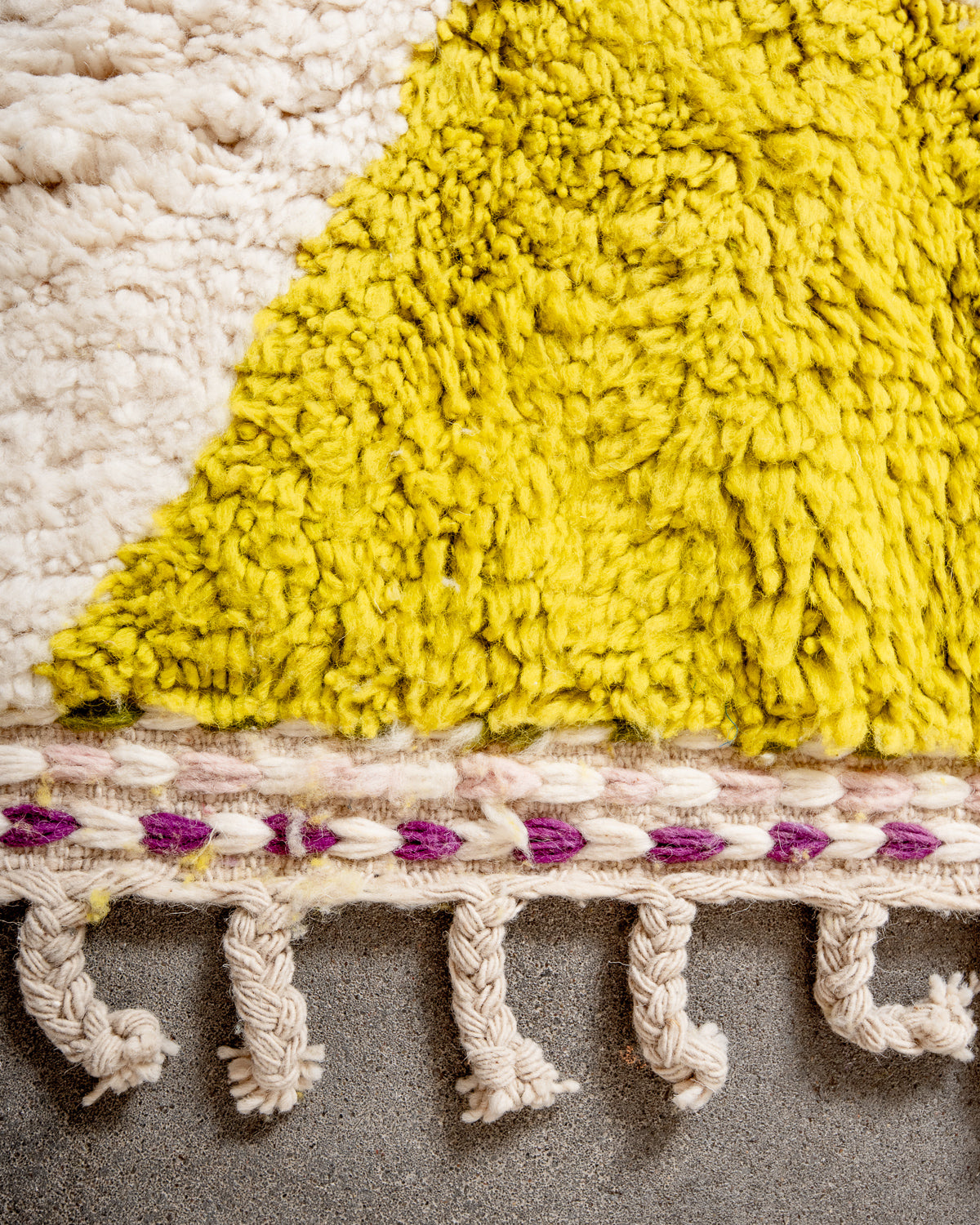 Modern, designer, handcrafted Berber rug from Morocco. Beniourain carpet with beautiful colours and patterns and fluffy wool texture.