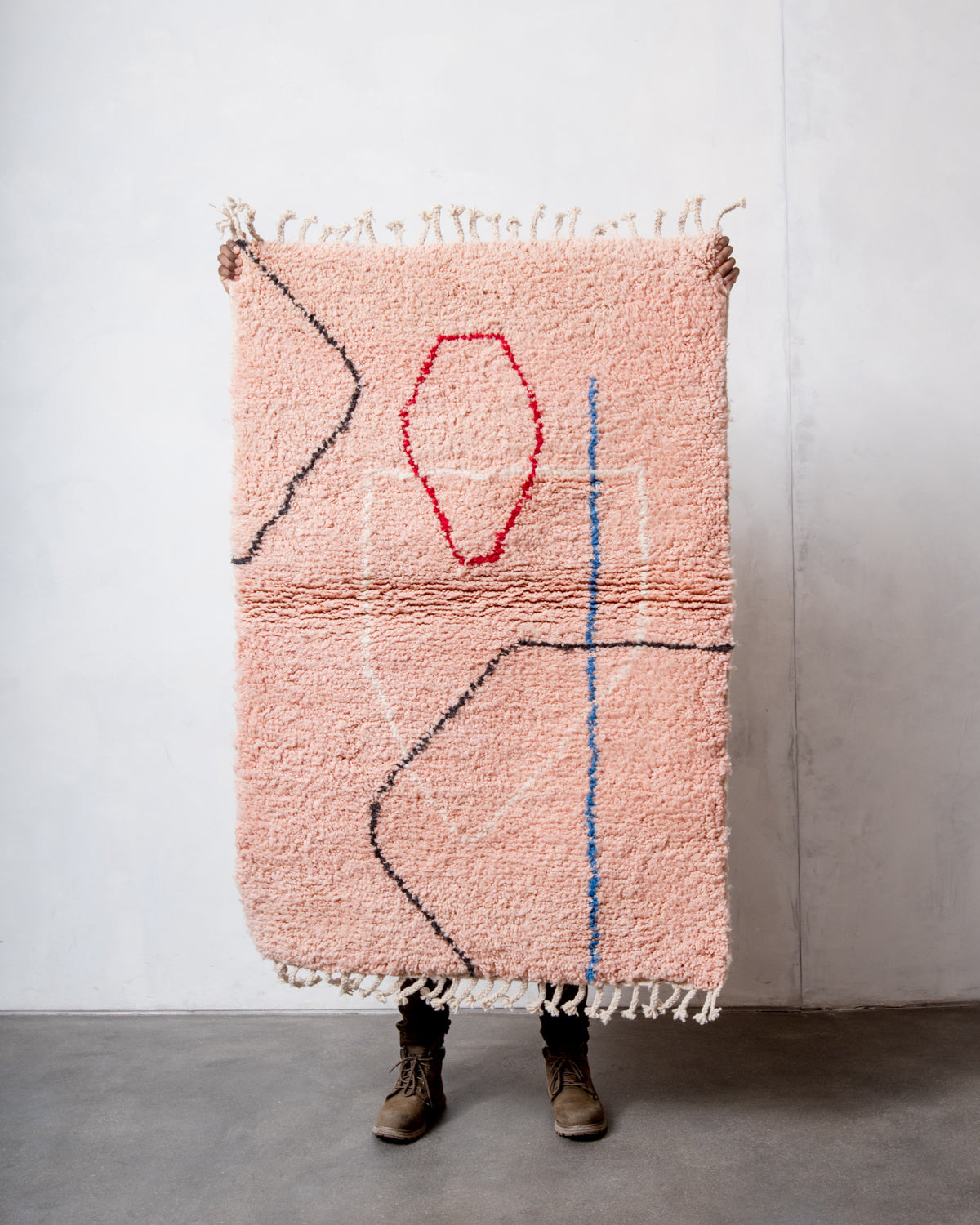 Modern, designer, handcrafted Berber rug from Morocco. Beniourain carpet with beautiful colours and patterns and fluffy wool texture.