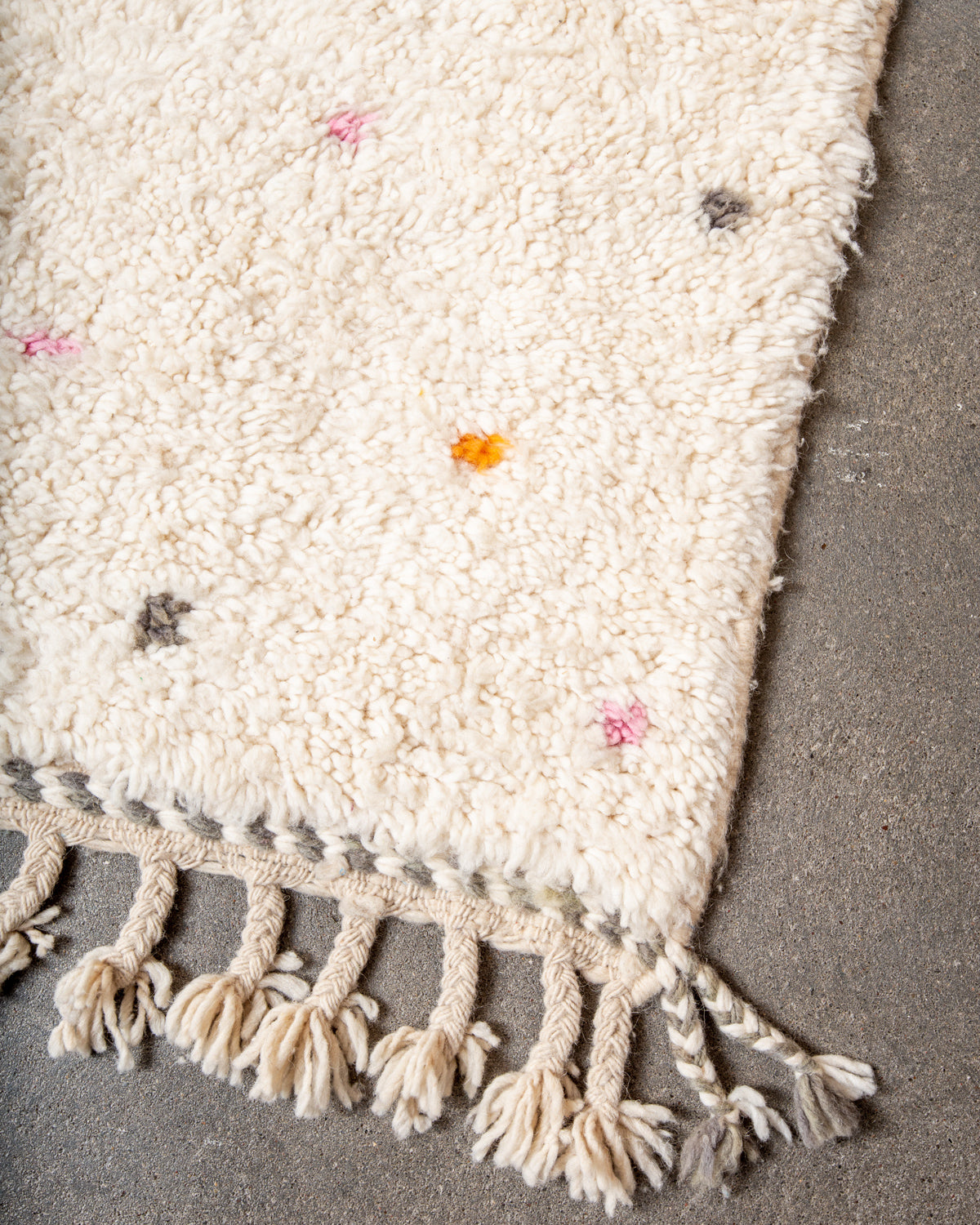 Modern, designer, handcrafted Berber rug from Morocco. Beniourain carpet with beautiful colours and patterns and fluffy wool texture.