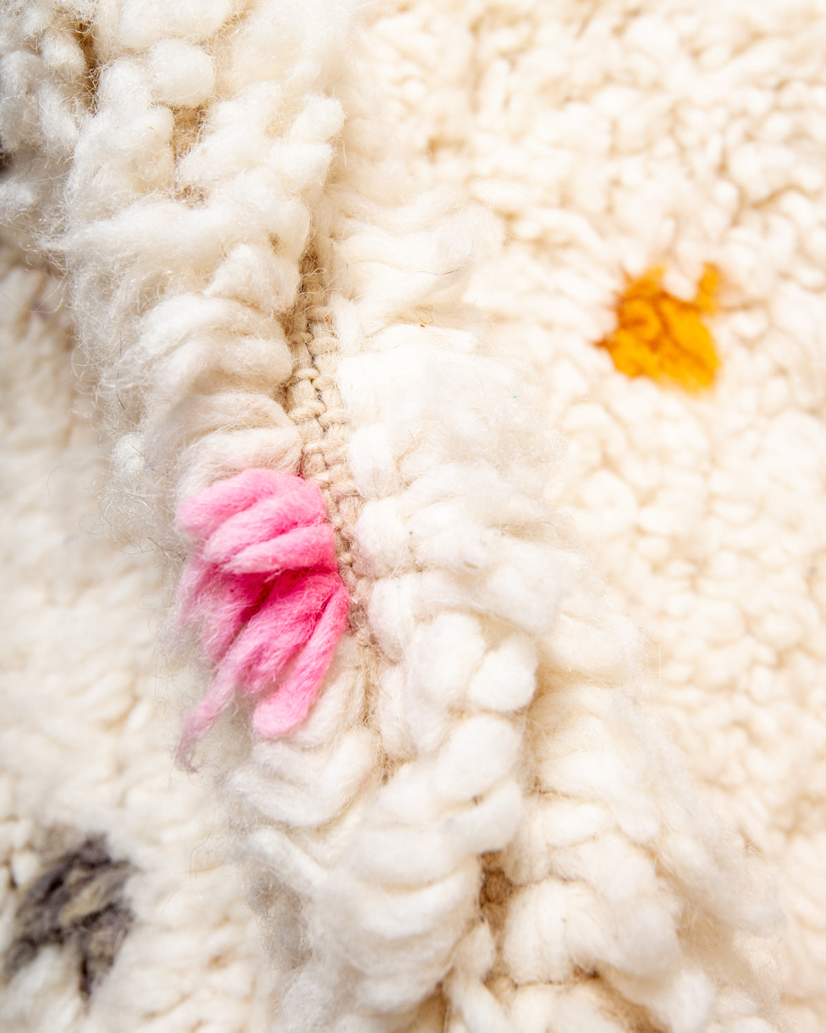 Modern, designer, handcrafted Berber rug from Morocco. Beniourain carpet with beautiful colours and patterns and fluffy wool texture.