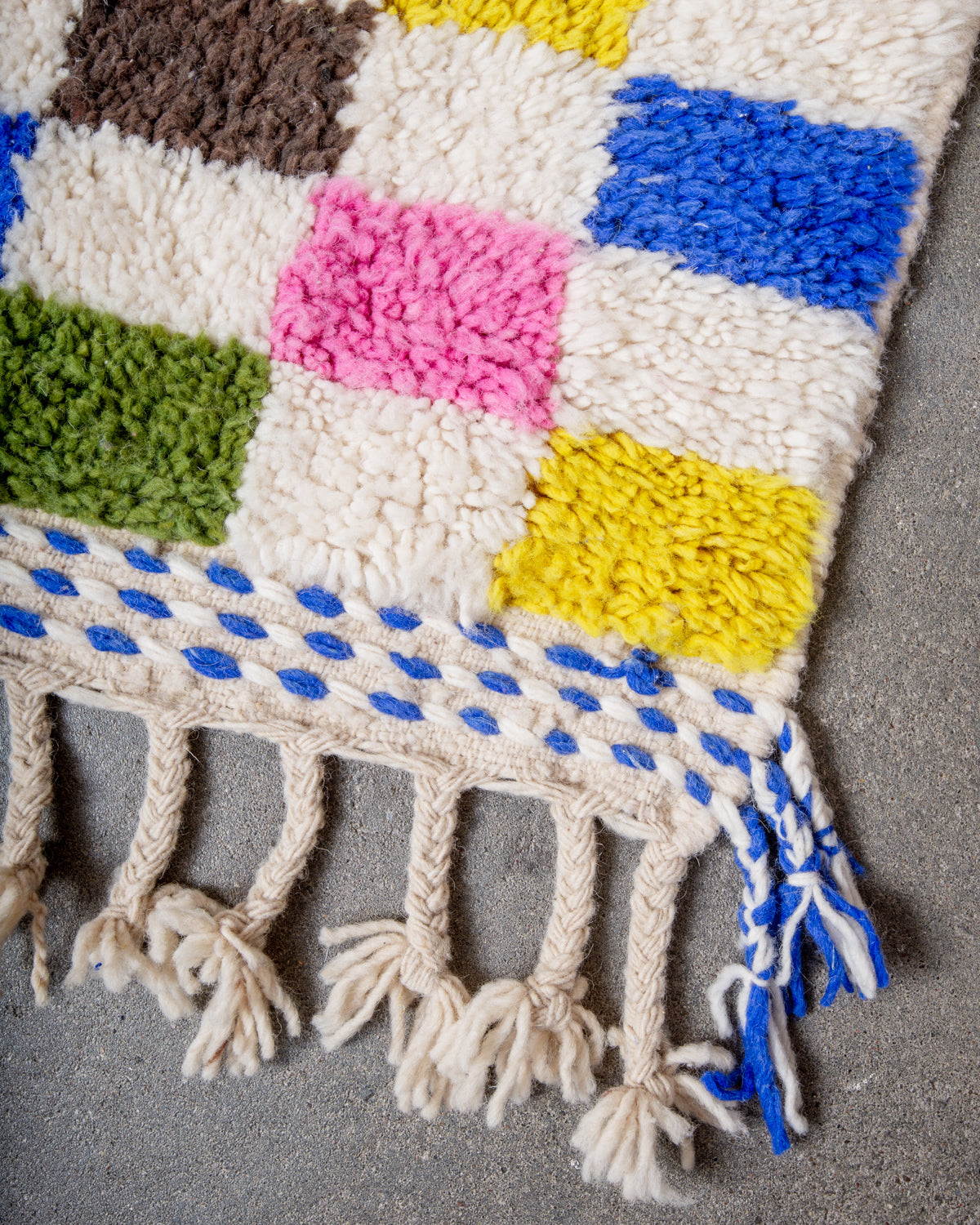 Modern, designer, handcrafted Berber rug from Morocco. Beniourain carpet with beautiful colours and patterns and fluffy wool texture.