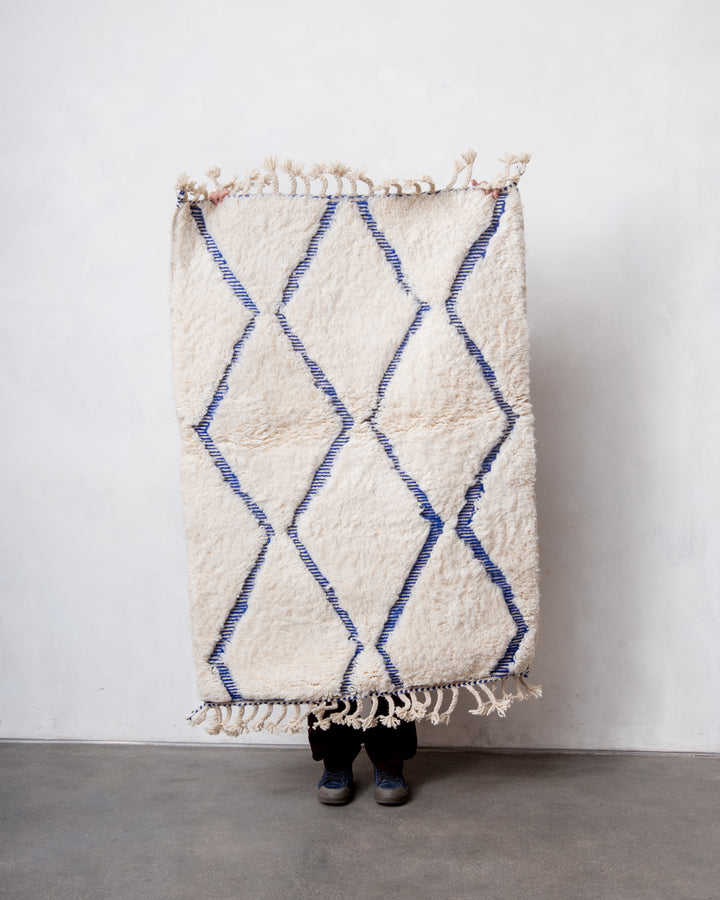 Modern, designer, handcrafted Berber rug from Morocco. Beniourain carpet with beautiful colours and patterns and fluffy wool texture. 
